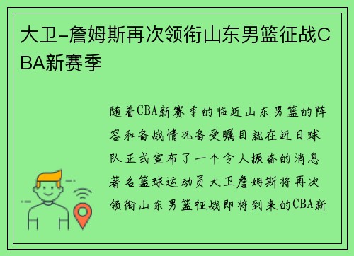 大卫-詹姆斯再次领衔山东男篮征战CBA新赛季