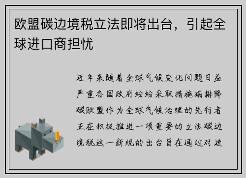 欧盟碳边境税立法即将出台，引起全球进口商担忧